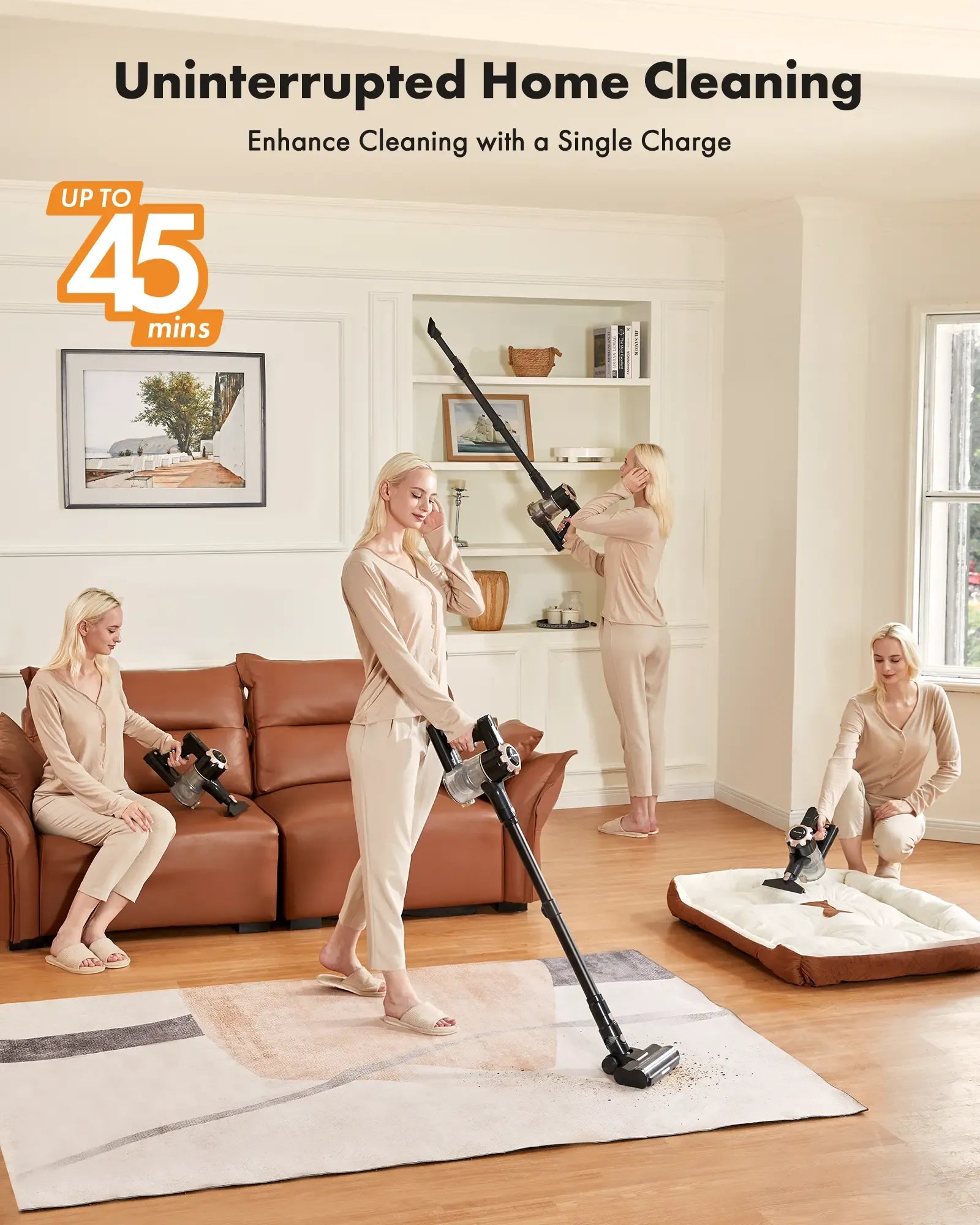 【 2026 newly upgraded】Trucozie T350 cordless vacuum features an 8-in-1 lightweight design with up to 45 minutes of runtime and 33Kpa of powerful suction. This rechargeable cordless vacuum is ideal for carpets, tiles, pet hair, and hardwood floors.
