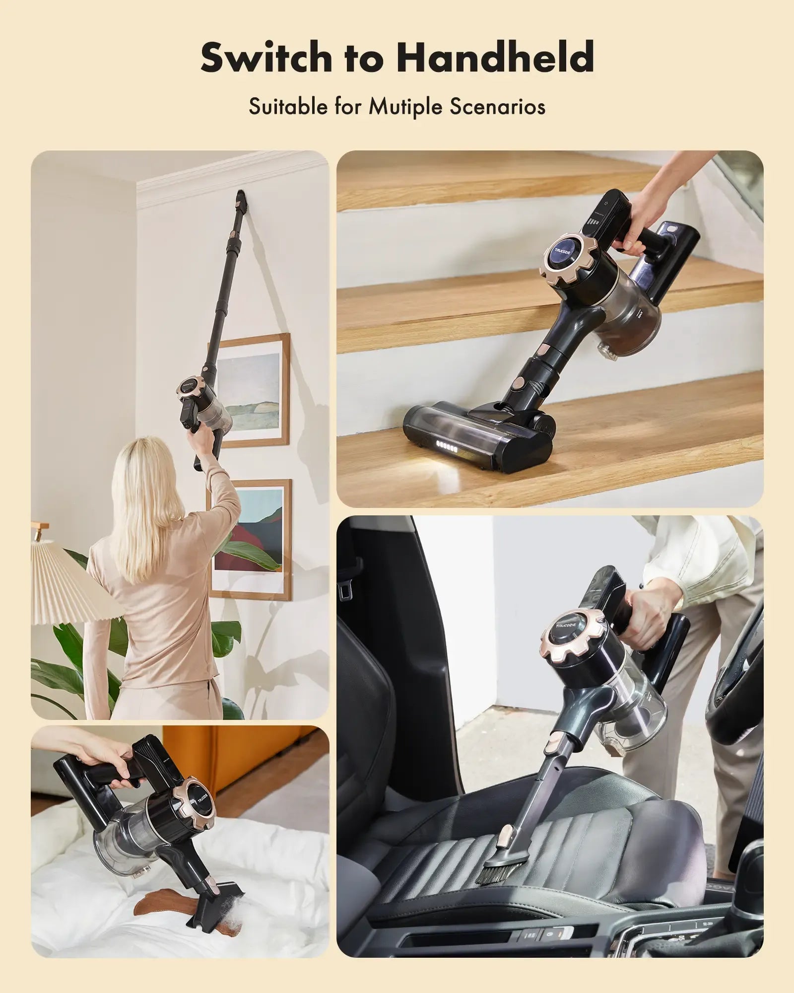 【 2026 newly upgraded】Trucozie T350 cordless vacuum features an 8-in-1 lightweight design with up to 45 minutes of runtime and 33Kpa of powerful suction. This rechargeable cordless vacuum is ideal for carpets, tiles, pet hair, and hardwood floors.