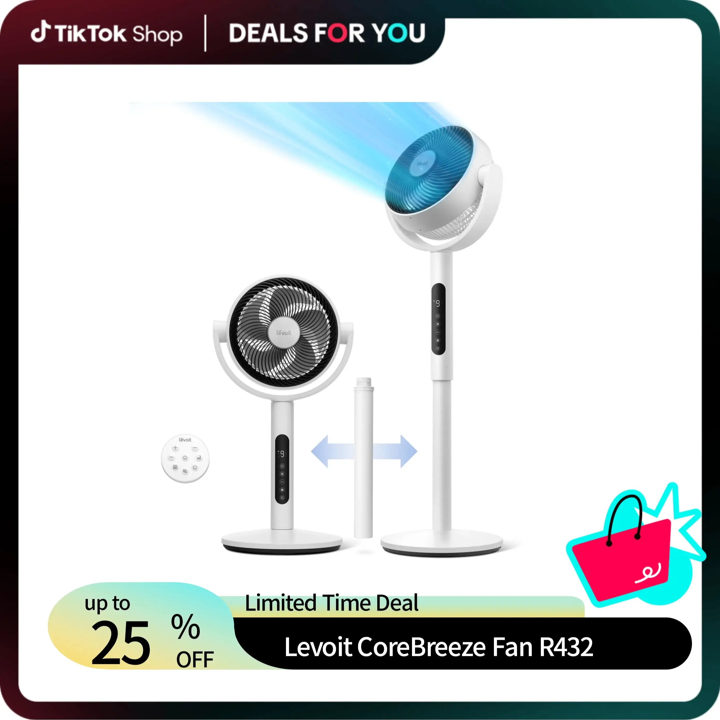 LEVOIT Corebreeze R432 Standing Oscillating Circulator Fan for Home - 9-Speed DC Motor, 908CFM Airflow, 82ft Range, 20dB Silent Operation, Remote, Sensor Timer, Pedestal & Tabletop Modes, Portable, DealsForYouDays