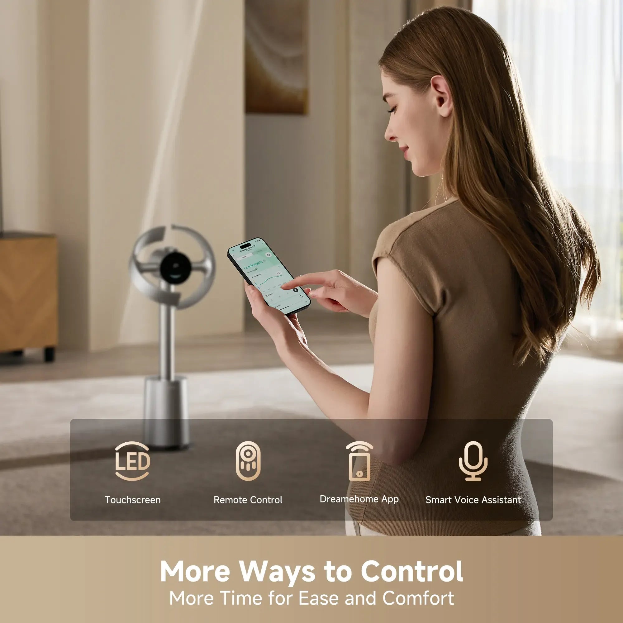 【Super Brand Day】DREAME MF10 Bladeless Tower Fan for Bedroom, Smart Standing Fan with 270° Spatial Airflow for Whole-Room Circulation, 59ft/s High Velocity, 10 Speeds 3 Modes, Temperature-Adaptive Airflow, MF10-Beige