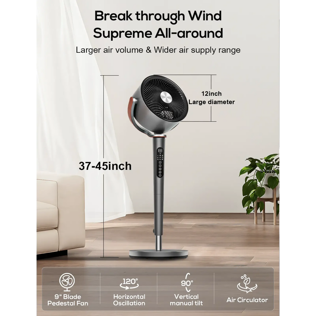 Sunspire Large Fan for Bedroom, 120° Oscillating Standing Fan, 85ft Air Circulator With Remote, DC Motor Quiet Floor Fans, Adjustable Height, 12 Speeds, 5 Modes, 12H Timer