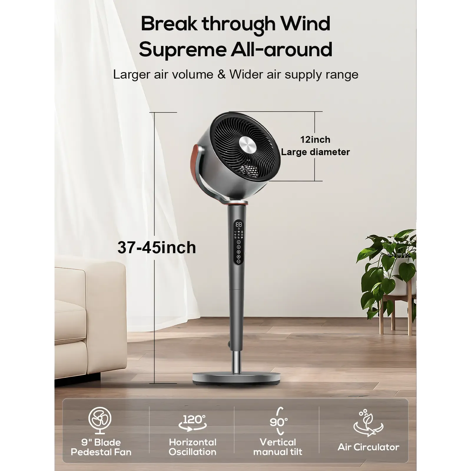Sunspire Large Fan for Bedroom, 120° Oscillating Standing Fan, 85ft Air Circulator With Remote, DC Motor Quiet Floor Fans, Adjustable Height, 12 Speeds, 5 Modes, 12H Timer