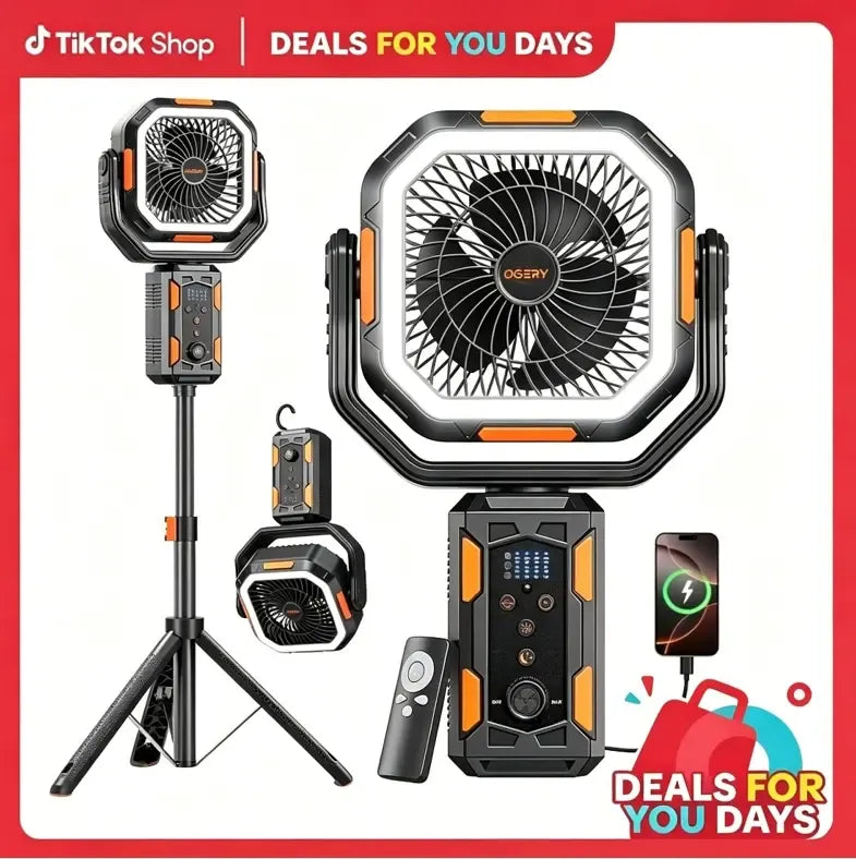 [SummerWins]OGERY Camping Fan with Detachable Tripod, 30000mAh Rechargeable Fan with LED Lights & 270° Pivot,4 in 1 Cordless Camping Fan, Remote Control Shaking Head Desk Fan for Camping Tent Travel Bedroom Portable Motor summerwins