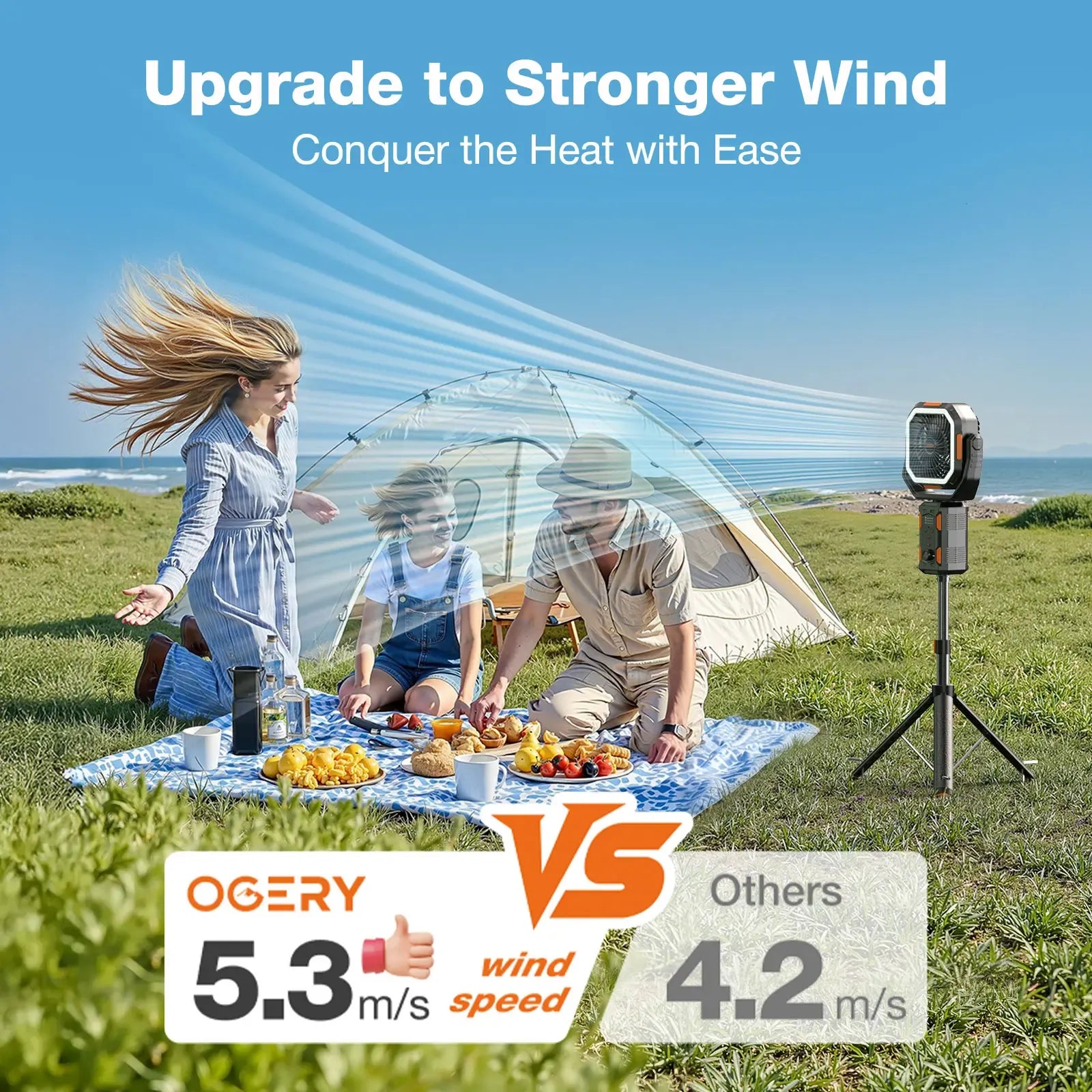 [SummerWins]OGERY Camping Fan with Detachable Tripod, 30000mAh Rechargeable Fan with LED Lights & 270° Pivot,4 in 1 Cordless Camping Fan, Remote Control Shaking Head Desk Fan for Camping Tent Travel Bedroom Portable Motor summerwins