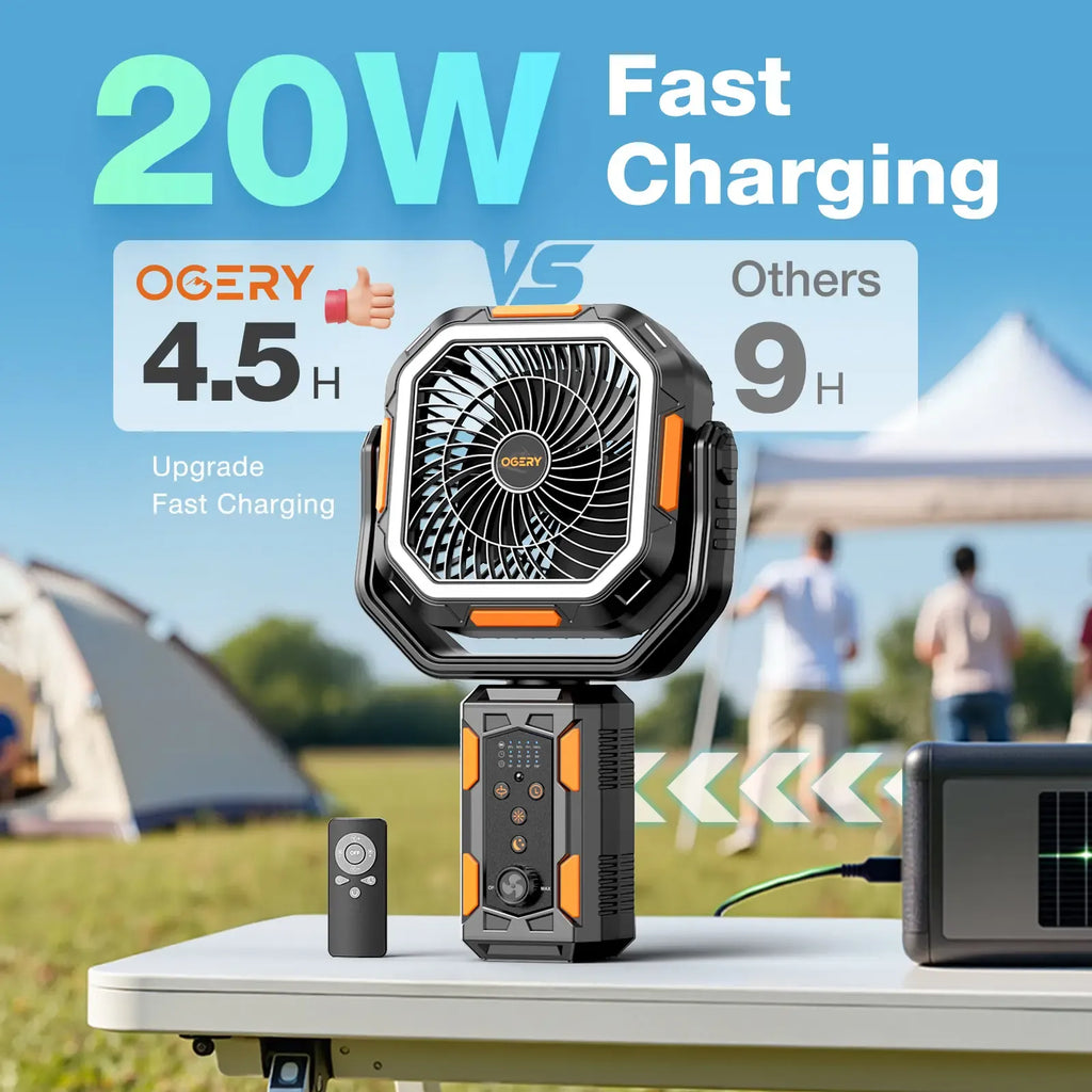[SummerWins]OGERY Camping Fan with Detachable Tripod, 30000mAh Rechargeable Fan with LED Lights & 270° Pivot,4 in 1 Cordless Camping Fan, Remote Control Shaking Head Desk Fan for Camping Tent Travel Bedroom Portable Motor summerwins