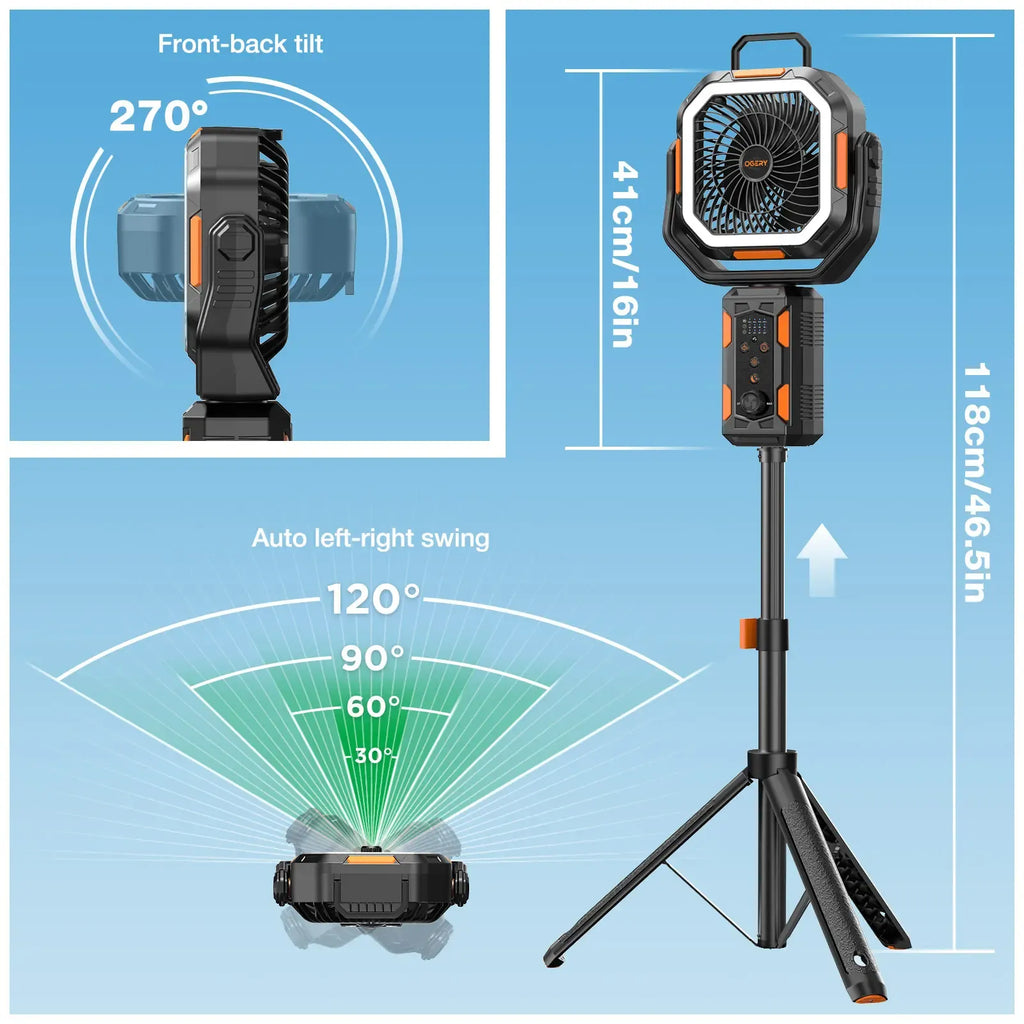 [SummerWins]OGERY Camping Fan with Detachable Tripod, 30000mAh Rechargeable Fan with LED Lights & 270° Pivot,4 in 1 Cordless Camping Fan, Remote Control Shaking Head Desk Fan for Camping Tent Travel Bedroom Portable Motor summerwins