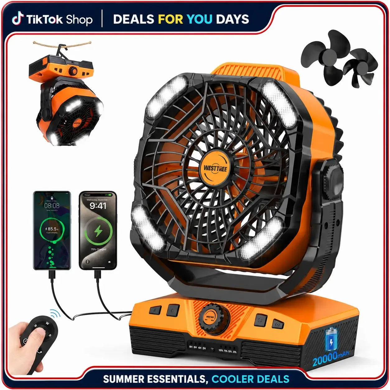 WESTTREE  Portable Camping Fan, 20000mAh Rechargeable Battery Powered Tent Fan with LED Light, Remote Control, 5 Speeds, Timer, Power Bank for Outdoor Camping,Travel