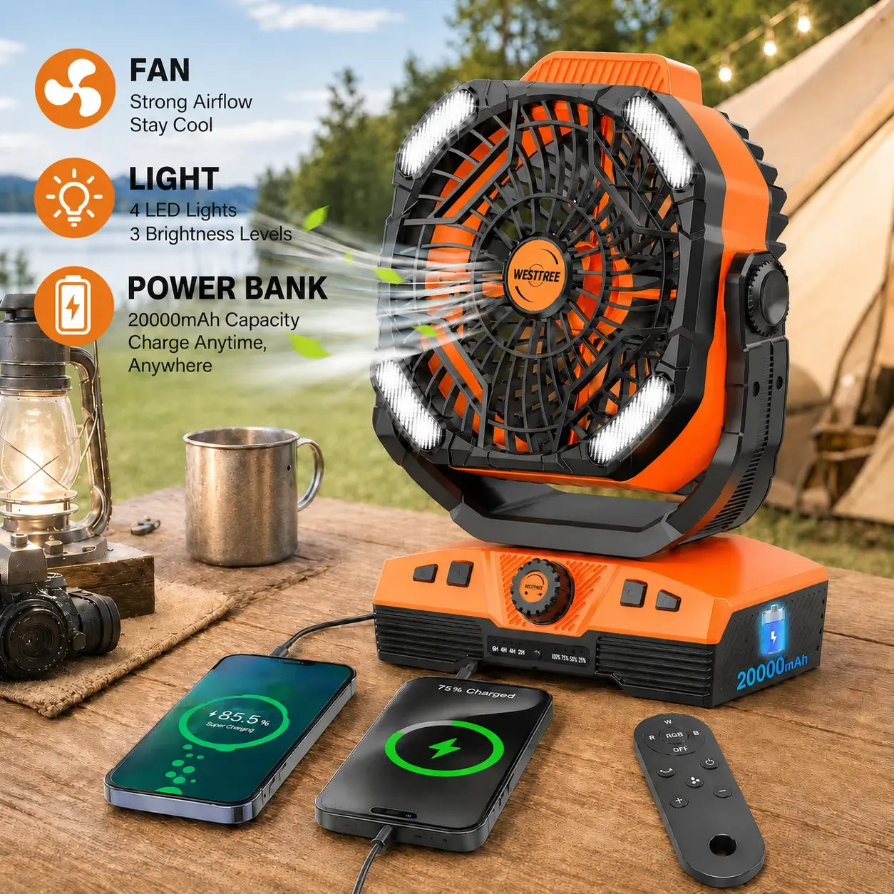 WESTTREE  Portable Camping Fan, 20000mAh Rechargeable Battery Powered Tent Fan with LED Light, Remote Control, 5 Speeds, Timer, Power Bank for Outdoor Camping,Travel