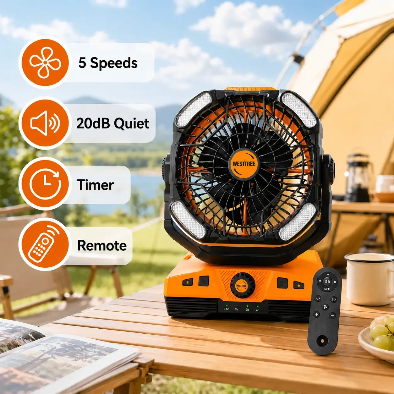 WESTTREE  Portable Camping Fan, 20000mAh Rechargeable Battery Powered Tent Fan with LED Light, Remote Control, 5 Speeds, Timer, Power Bank for Outdoor Camping,Travel