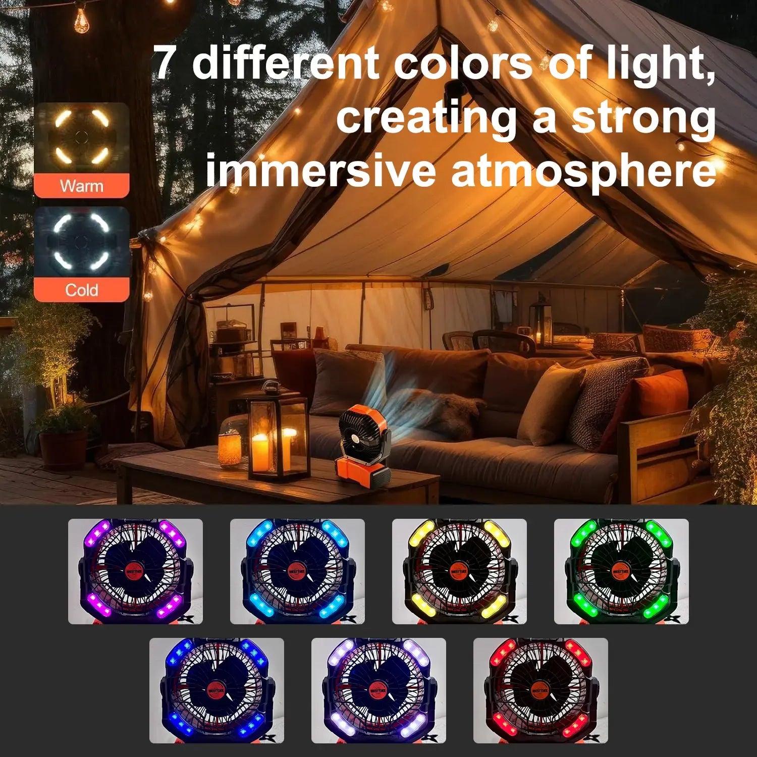 WESTTREE  Portable Camping Fan, 20000mAh Rechargeable Battery Powered Tent Fan with LED Light, Remote Control, 5 Speeds, Timer, Power Bank for Outdoor Camping,Travel