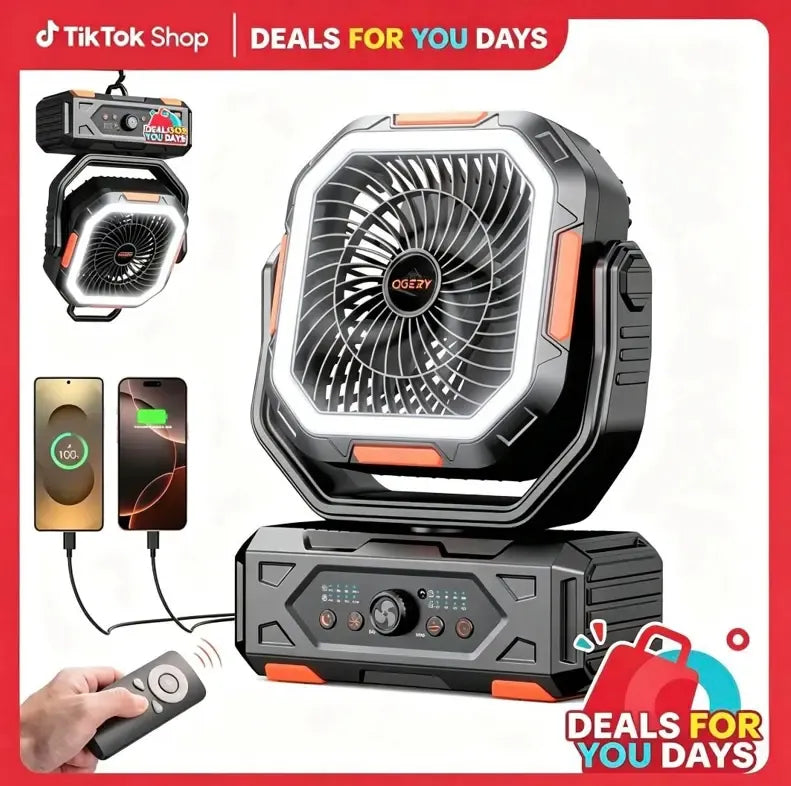 [SummerWins]OGERY 2026 Upgraded Camping Fan, 30000mAh Rechargeable Fan with LED Lights & 270° Pivot, Remote Control Shaking Head Desk Fan for Tent Travel Home Multifunction Outdoor Activities summerwins