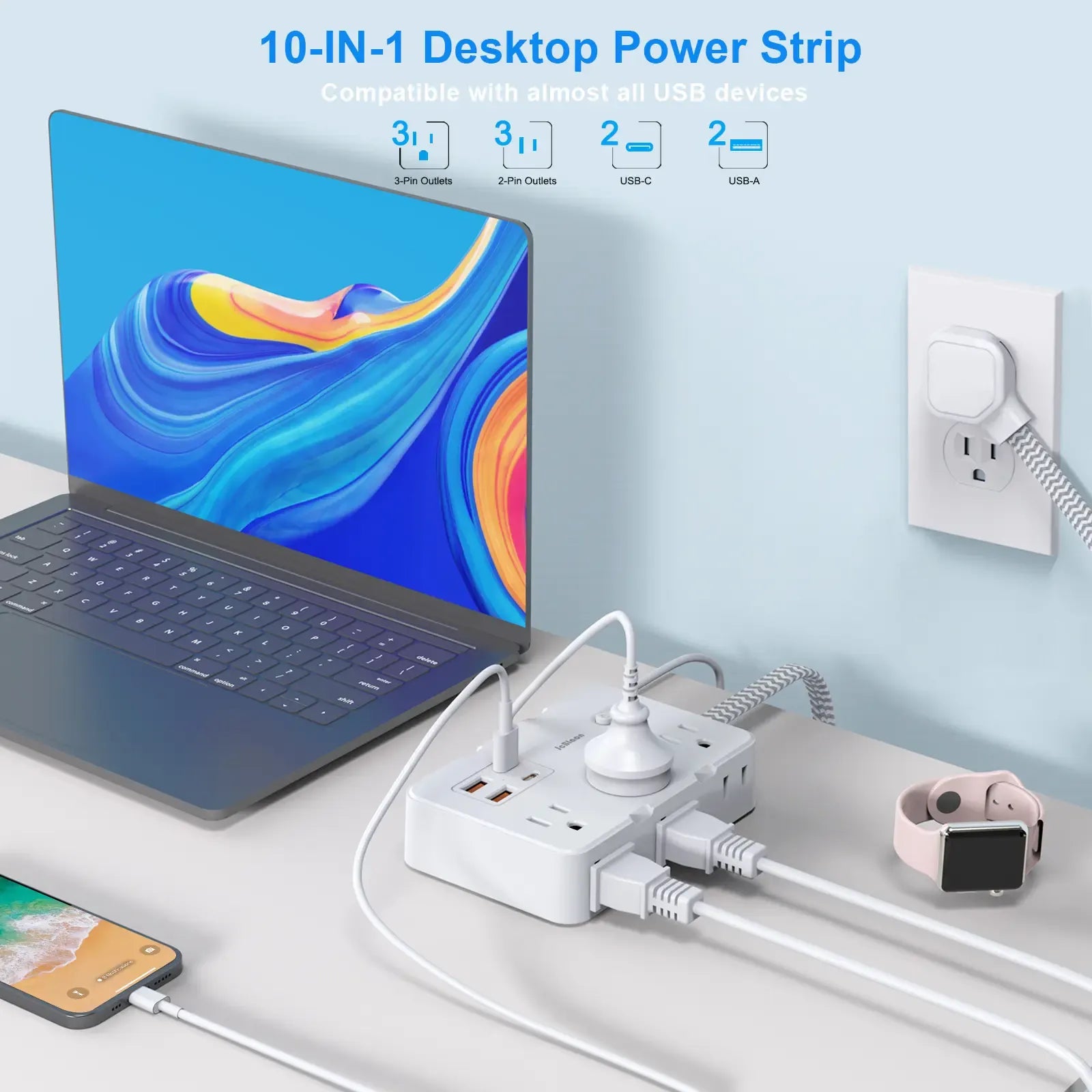 Extension Cord with 6 Multiple Outlets - Flat Plug Power Strip with 4 USB Ports (2 USB C), 5/10Ft Long Braided Cord, Wall Mount for Home Dorm Room