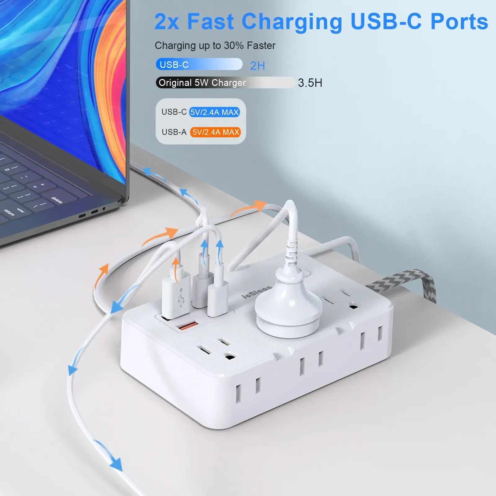 Extension Cord with 6 Multiple Outlets - Flat Plug Power Strip with 4 USB Ports (2 USB C), 5/10Ft Long Braided Cord, Wall Mount for Home Dorm Room