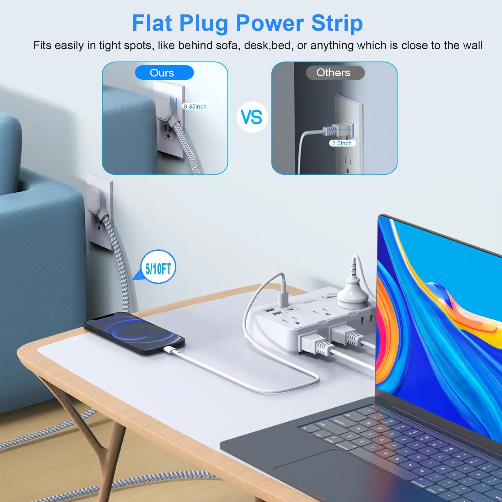 Extension Cord with 6 Multiple Outlets - Flat Plug Power Strip with 4 USB Ports (2 USB C), 5/10Ft Long Braided Cord, Wall Mount for Home Dorm Room
