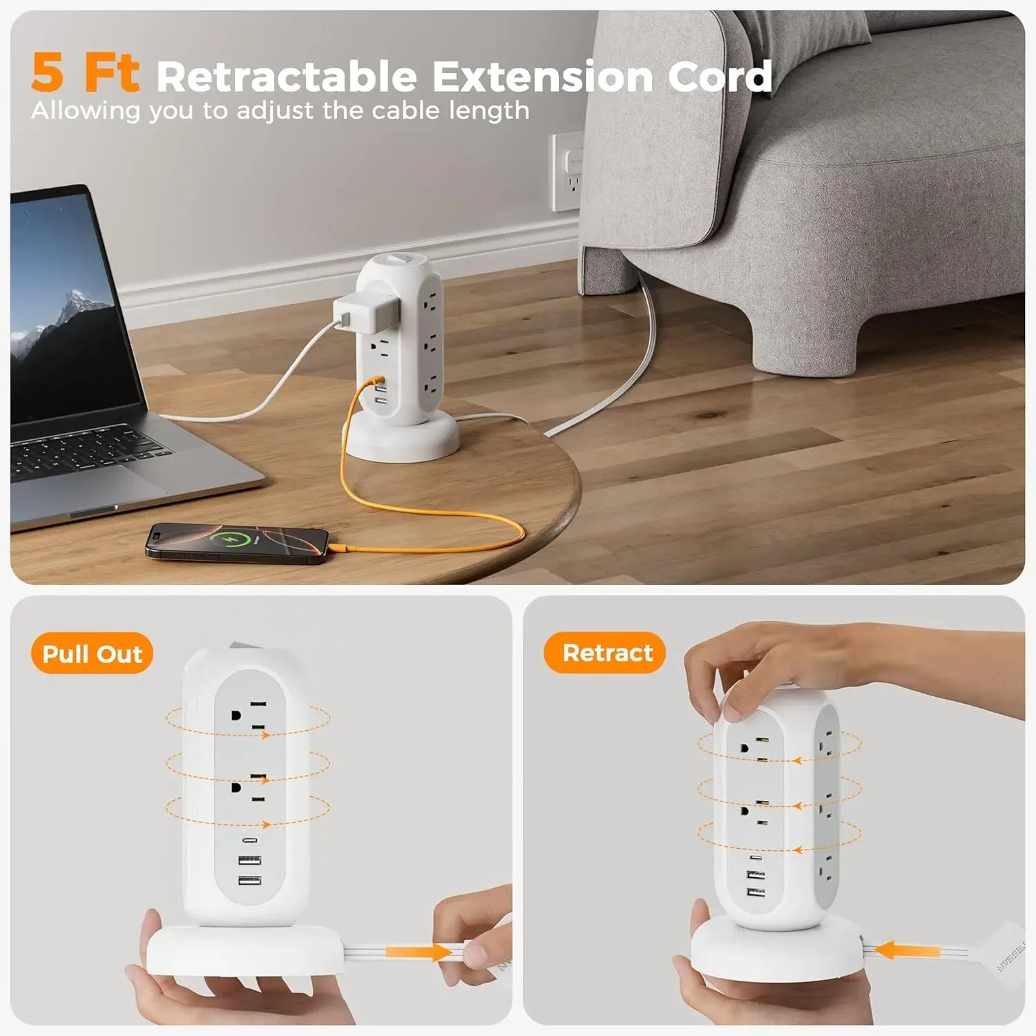 SummerGarden Tessan retractable extension cord power strip,1625W Surge Protector , Cord Management,Home, Office ,Dorm,Kitchen Essentials,11 Outlets & 3 USB Ports
