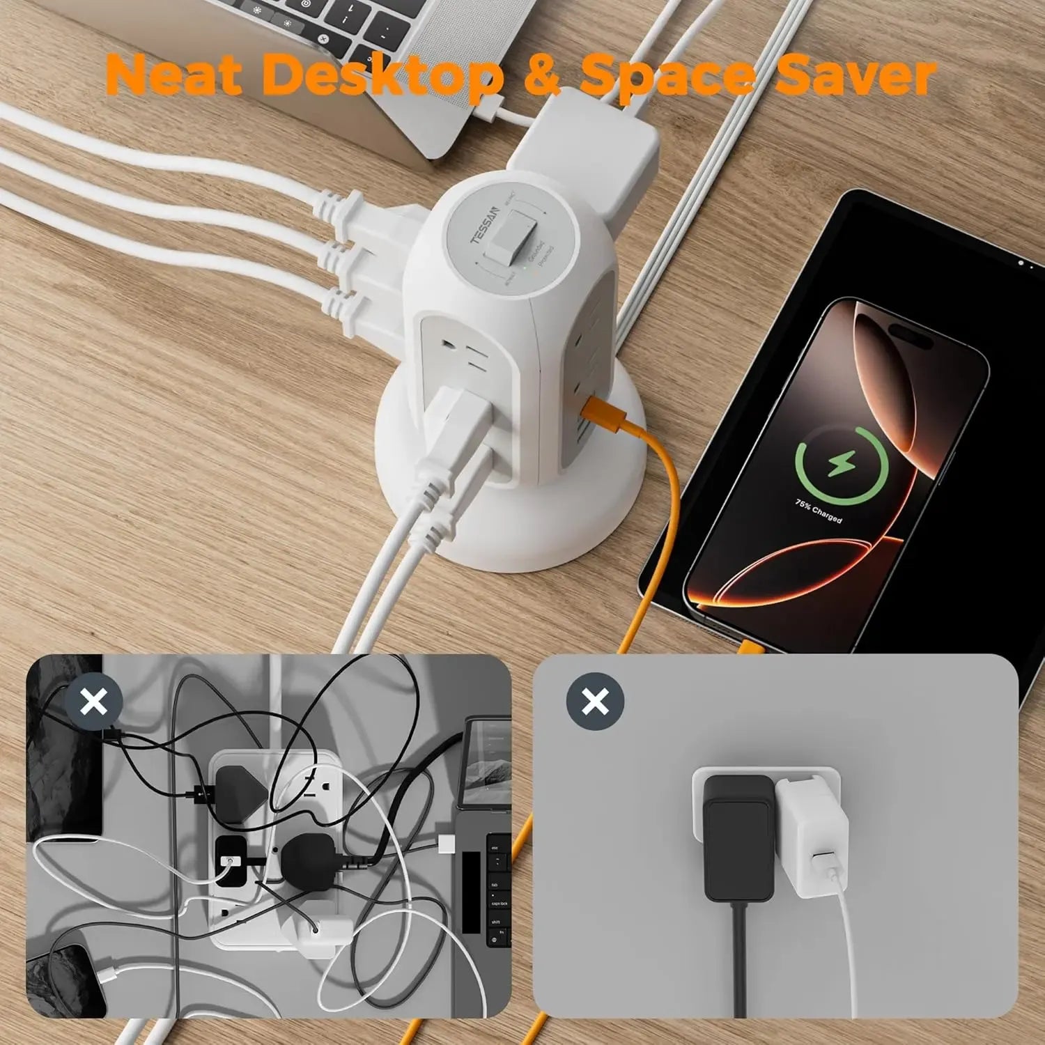 SummerGarden Tessan retractable extension cord power strip,1625W Surge Protector , Cord Management,Home, Office ,Dorm,Kitchen Essentials,11 Outlets & 3 USB Ports