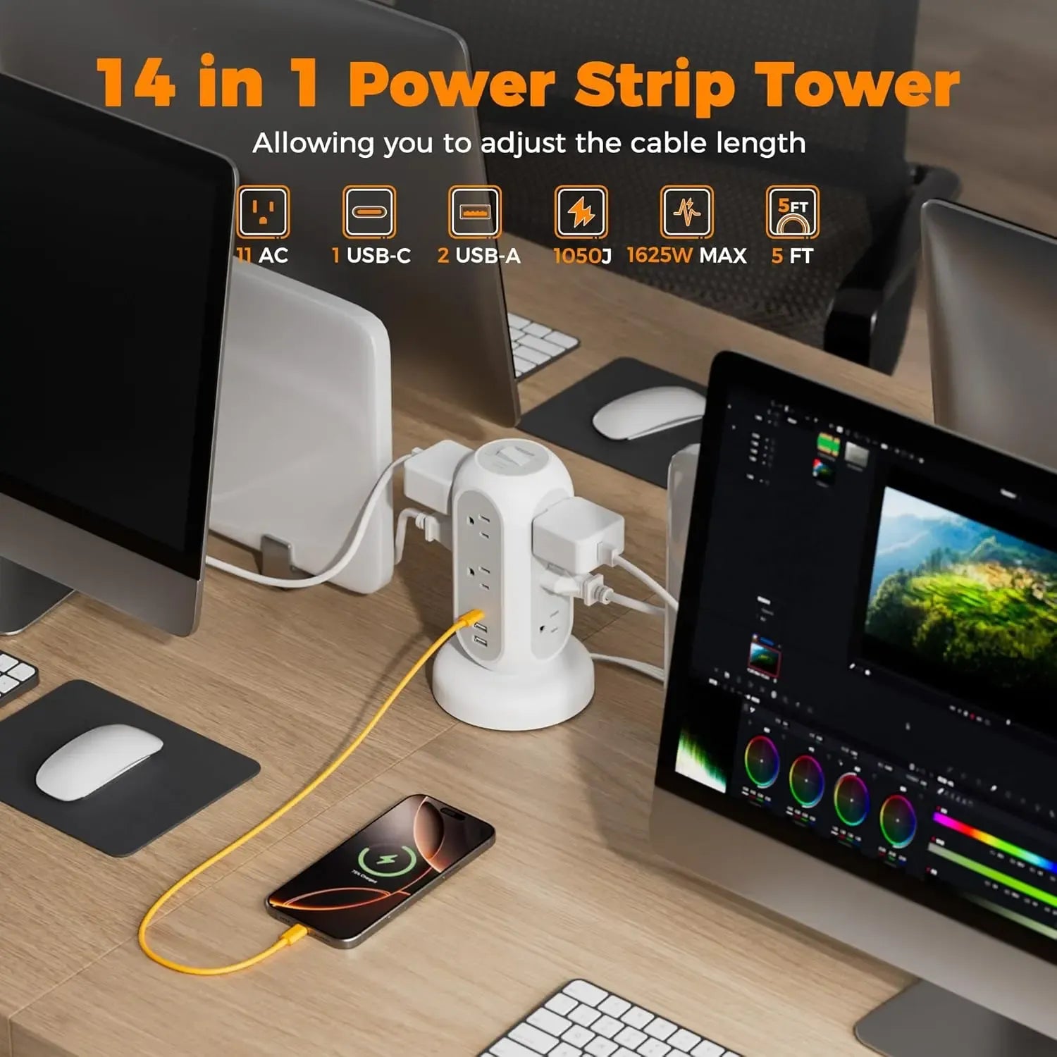 SummerGarden Tessan retractable extension cord power strip,1625W Surge Protector , Cord Management,Home, Office ,Dorm,Kitchen Essentials,11 Outlets & 3 USB Ports