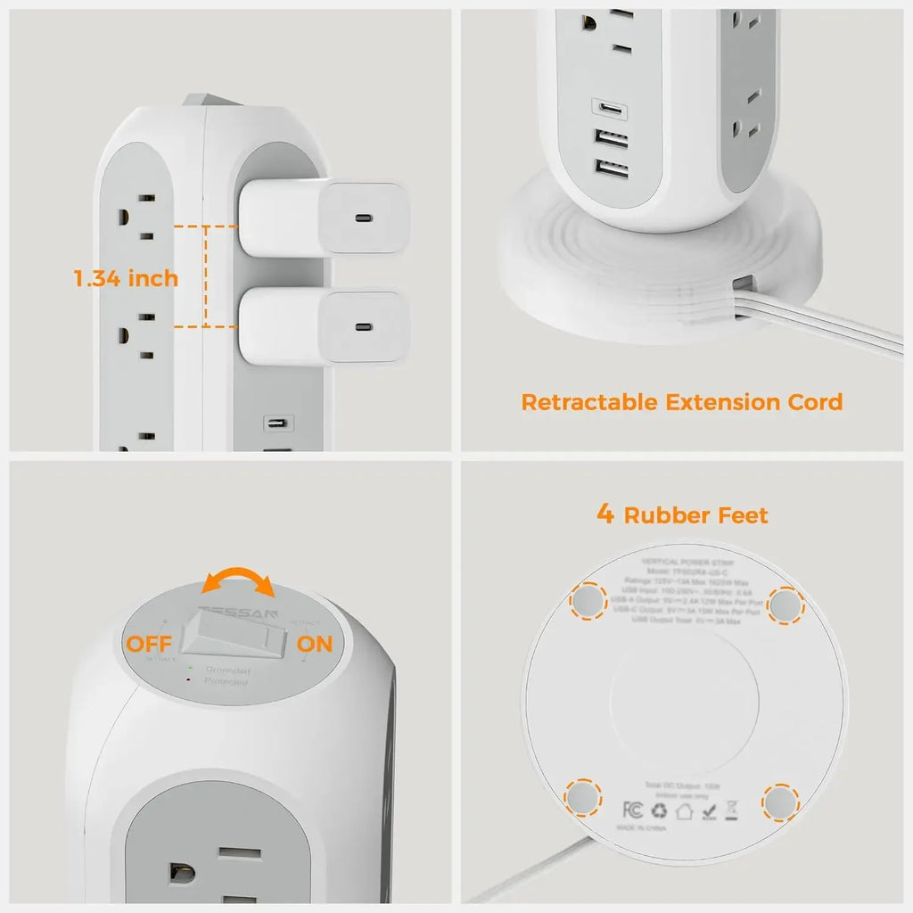 SummerGarden Tessan retractable extension cord power strip,1625W Surge Protector , Cord Management,Home, Office ,Dorm,Kitchen Essentials,11 Outlets & 3 USB Ports