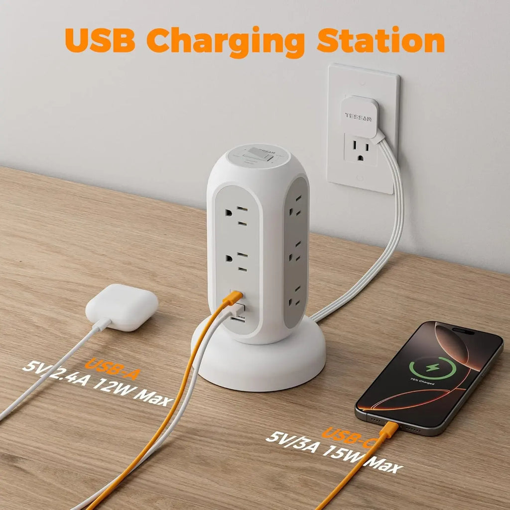 SummerGarden Tessan retractable extension cord power strip,1625W Surge Protector , Cord Management,Home, Office ,Dorm,Kitchen Essentials,11 Outlets & 3 USB Ports
