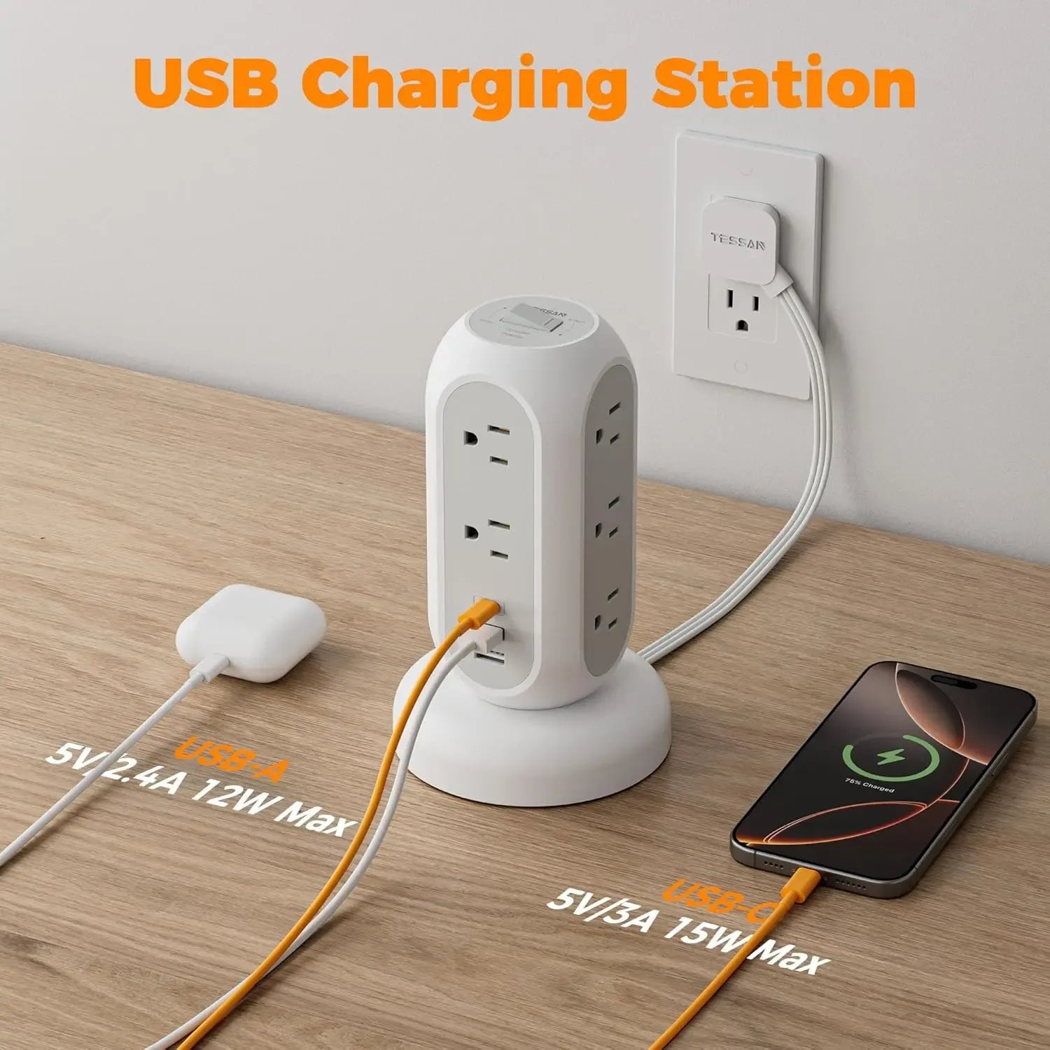 SummerGarden Tessan retractable extension cord power strip,1625W Surge Protector , Cord Management,Home, Office ,Dorm,Kitchen Essentials,11 Outlets & 3 USB Ports
