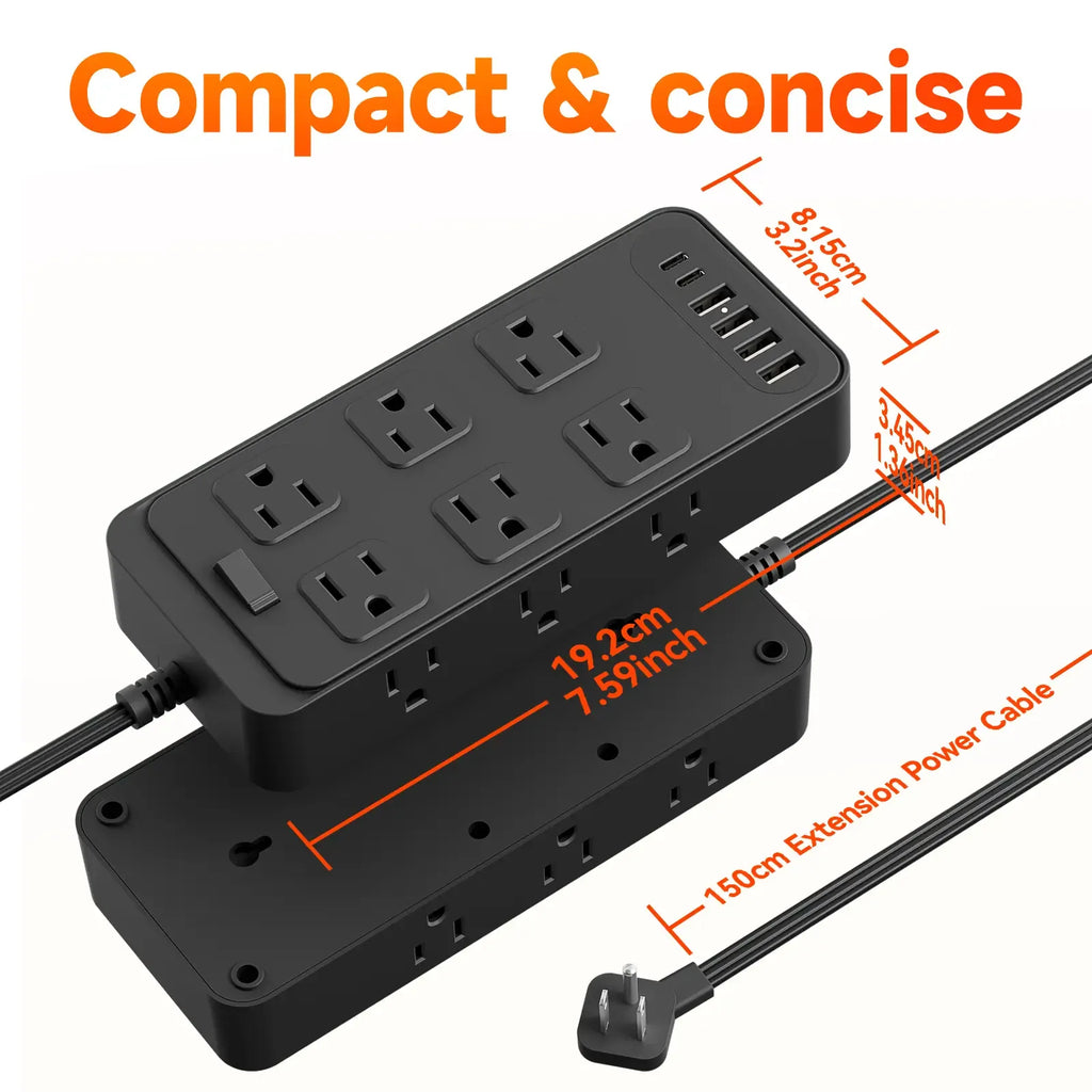 Surge Protector Power Strip with 5 Ft Thin Flat Extension Cord, 12 AC Outlets, 6 USB Ports, Compact Wall Mount, White/Black, 18-IN-1 Design, Fireproof PC + PVC, 5ft Flat Braided Cord, 1-Year Warranty - Retractable Cables