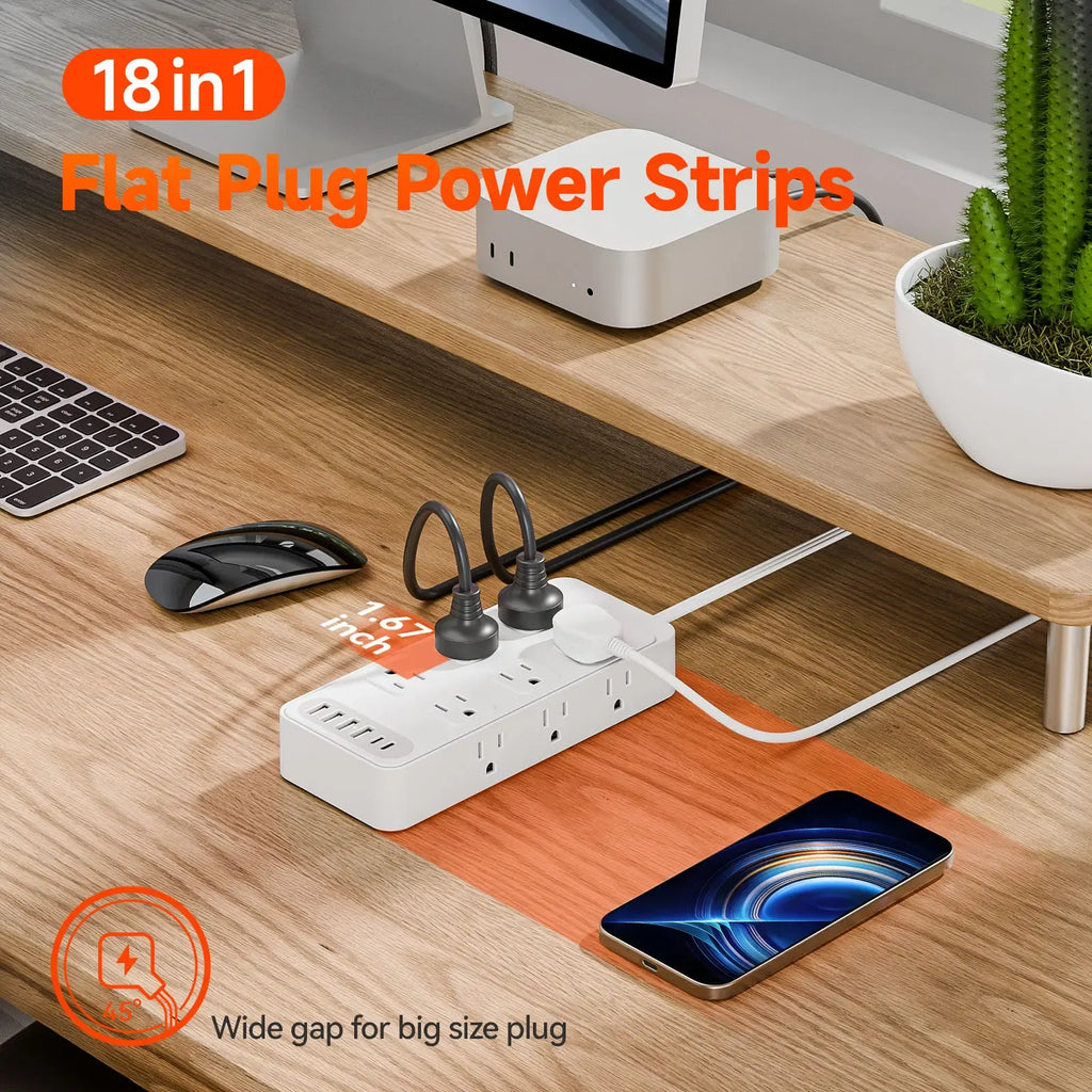 Surge Protector Power Strip with 5 Ft Thin Flat Extension Cord, 12 AC Outlets, 6 USB Ports, Compact Wall Mount, White/Black, 18-IN-1 Design, Fireproof PC + PVC, 5ft Flat Braided Cord, 1-Year Warranty - Retractable Cables