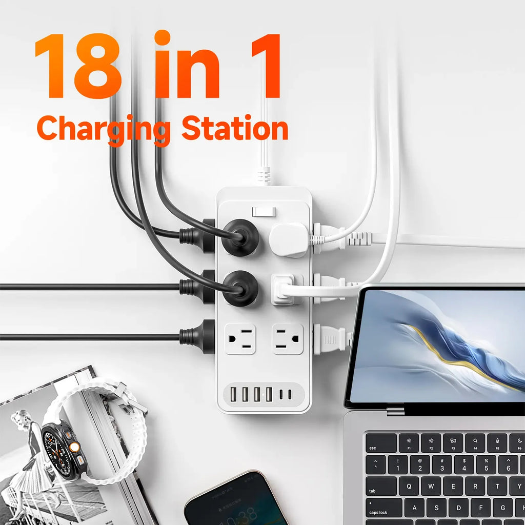 Surge Protector Power Strip with 5 Ft Thin Flat Extension Cord, 12 AC Outlets, 6 USB Ports, Compact Wall Mount, White/Black, 18-IN-1 Design, Fireproof PC + PVC, 5ft Flat Braided Cord, 1-Year Warranty - Retractable Cables