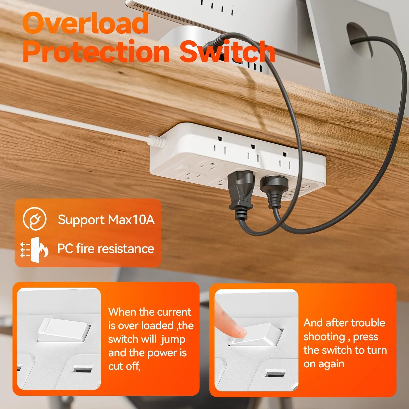 Surge Protector Power Strip with 5 Ft Thin Flat Extension Cord, 12 AC Outlets, 6 USB Ports, Compact Wall Mount, White/Black, 18-IN-1 Design, Fireproof PC + PVC, 5ft Flat Braided Cord, 1-Year Warranty - Retractable Cables