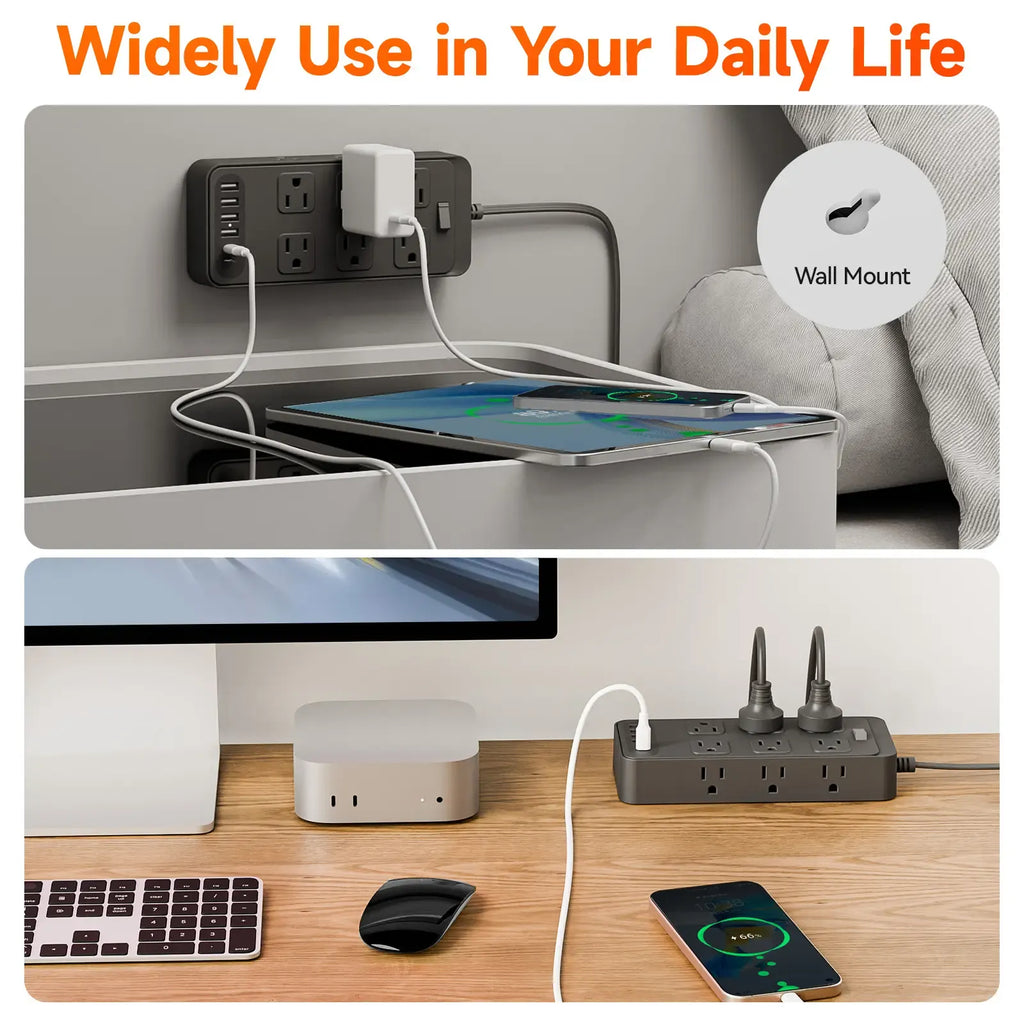 Surge Protector Power Strip with 5 Ft Thin Flat Extension Cord, 12 AC Outlets, 6 USB Ports, Compact Wall Mount, White/Black, 18-IN-1 Design, Fireproof PC + PVC, 5ft Flat Braided Cord, 1-Year Warranty - Retractable Cables