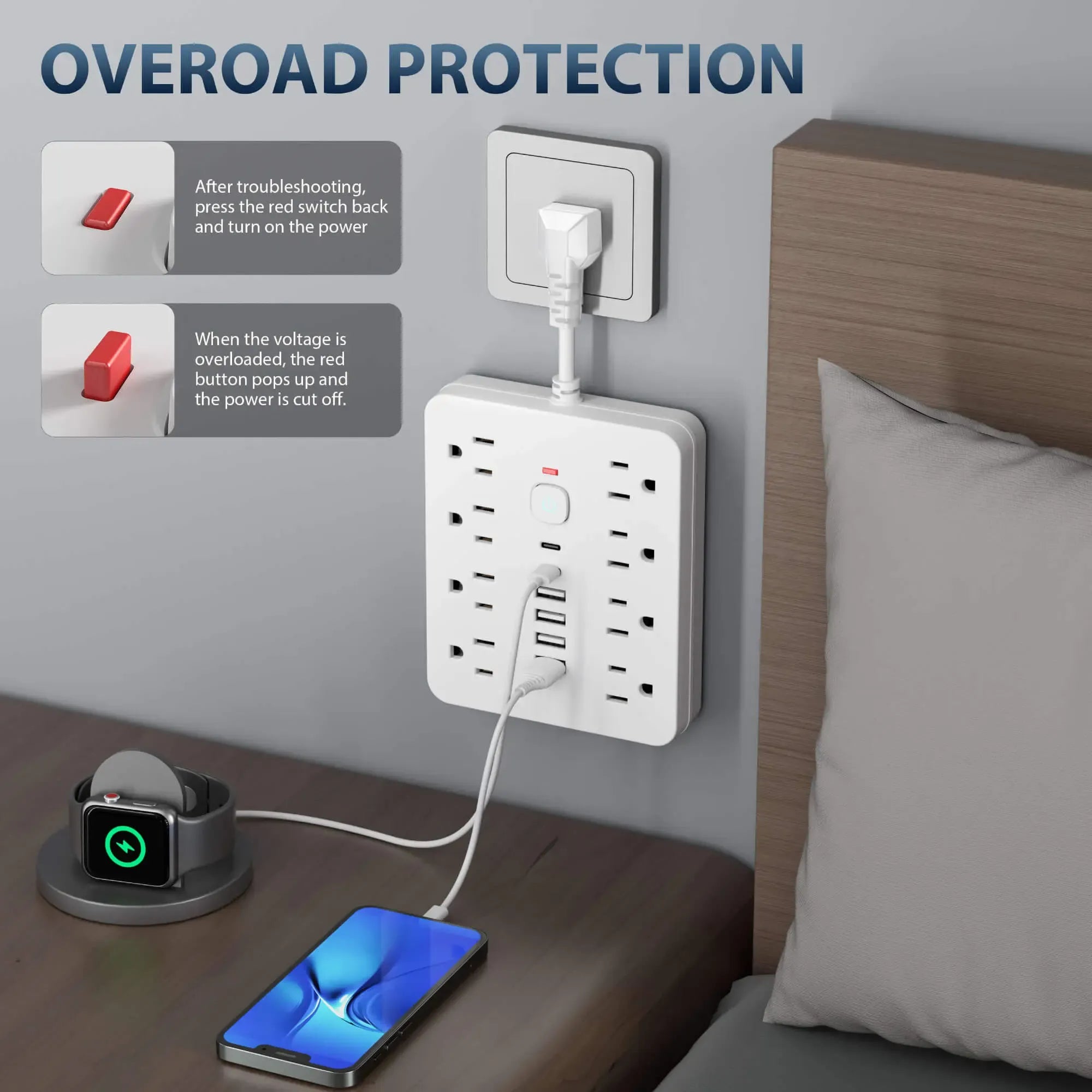 14-in-1 Multifunctional Power Strip, Surge Protector Outlet with Switch and Surge Protection - 8 AC Outlets, 4 USB Ports and 2 Type-C Ports - Power Socket Extender, Wall Outlet Extender for Home, Office & Travel