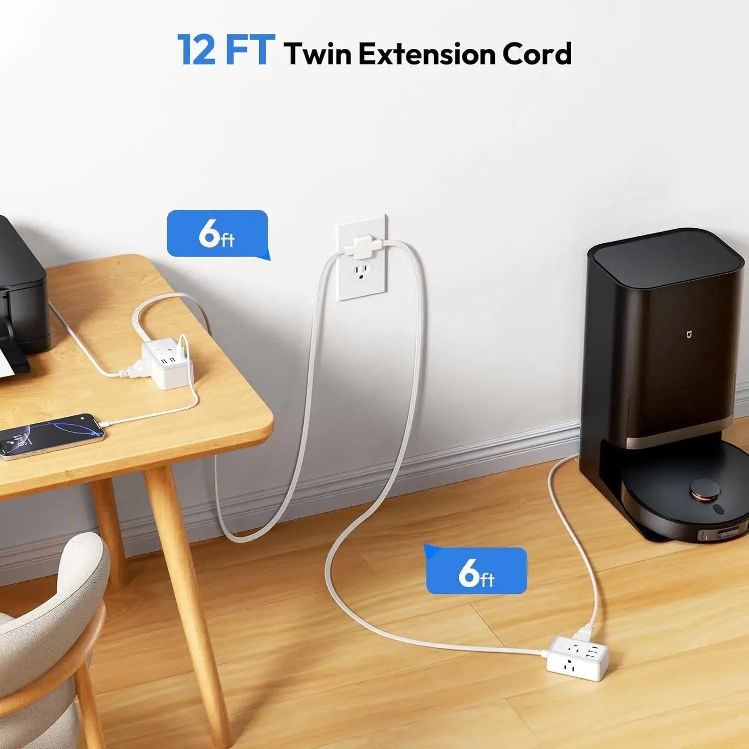 NTONPOWER Twin Extension Cord Splitter 12 / 18 FT, with 6ft Dual Extension Cord on Each Side 3 Widely Outlets, Double Extension Cord for Home Office Dorm Room