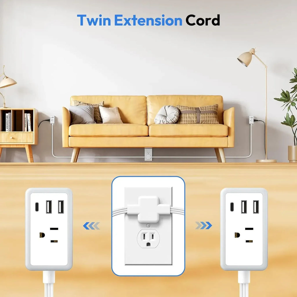 NTONPOWER Twin Extension Cord Splitter 12 / 18 FT, with 6ft Dual Extension Cord on Each Side 3 Widely Outlets, Double Extension Cord for Home Office Dorm Room
