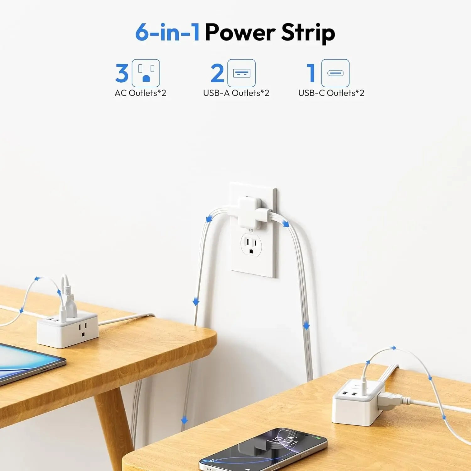 NTONPOWER Twin Extension Cord Splitter 12 / 18 FT, with 6ft Dual Extension Cord on Each Side 3 Widely Outlets, Double Extension Cord for Home Office Dorm Room