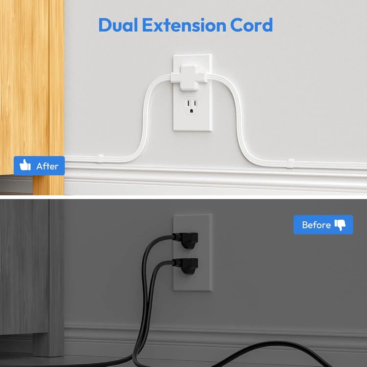 NTONPOWER Twin Extension Cord Splitter 12 / 18 FT, with 6ft Dual Extension Cord on Each Side 3 Widely Outlets, Double Extension Cord for Home Office Dorm Room