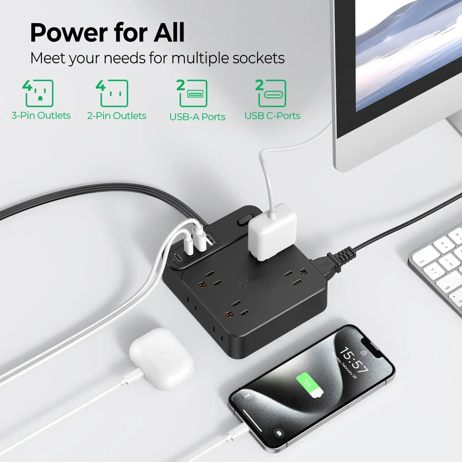 Surge Protector Power Strip, Outlet Extender with 8 Outlets 4 USB Ports (2 USB C), Overload Protection, Long Extension Cord with Multiple Outlets for Indoor, Home, Office-SP1