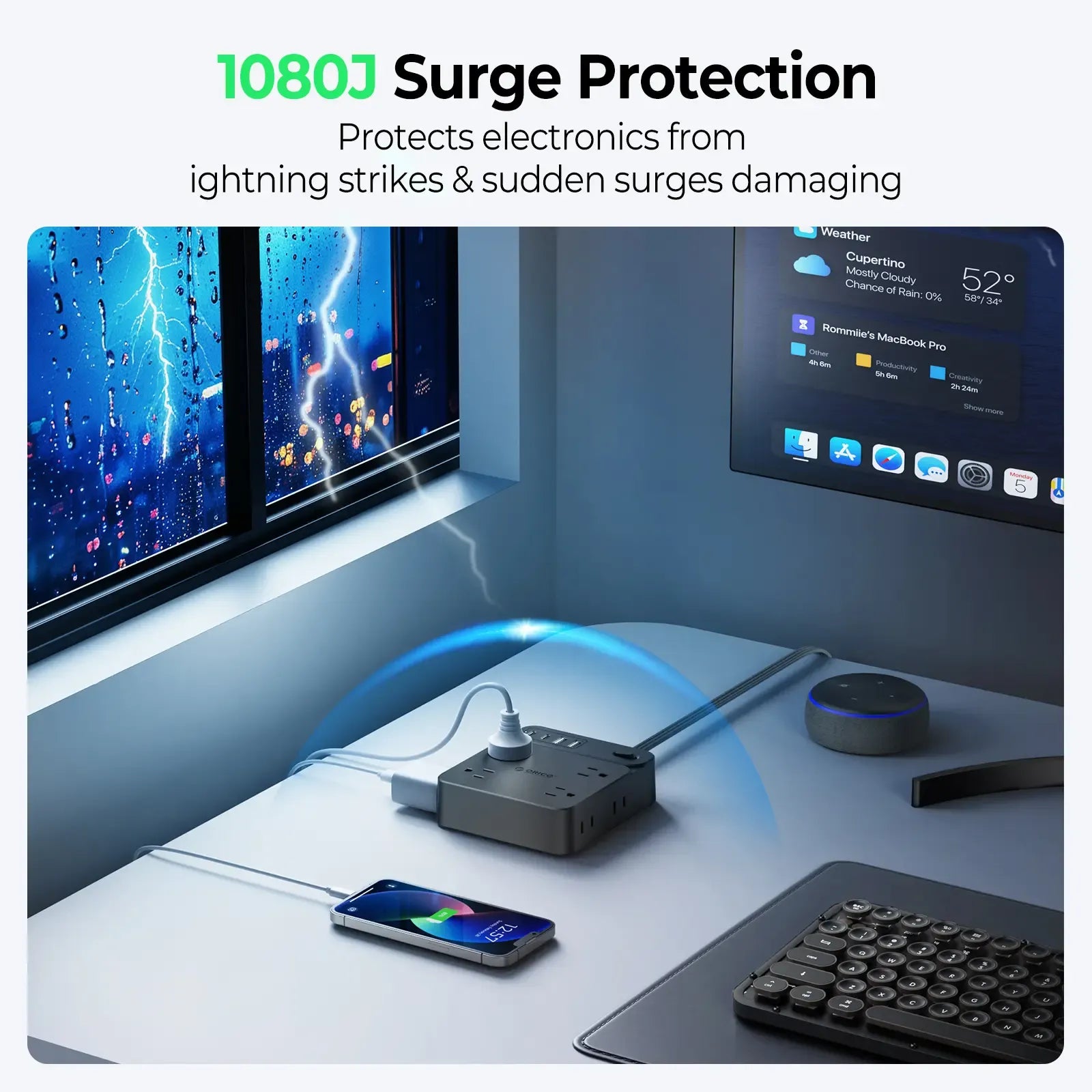 Surge Protector Power Strip, Outlet Extender with 8 Outlets 4 USB Ports (2 USB C), Overload Protection, Long Extension Cord with Multiple Outlets for Indoor, Home, Office-SP1