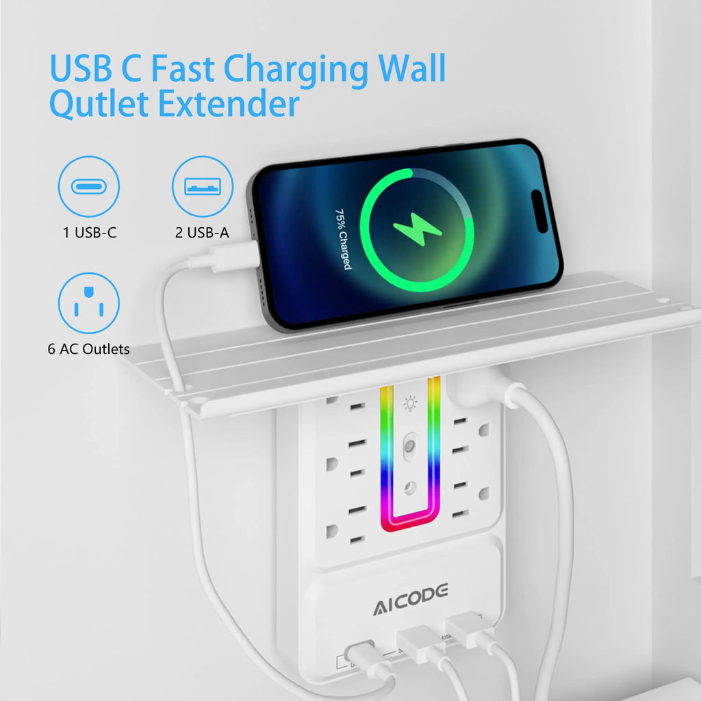 Surge Protector with Nightlight, Wall Outlet Extender - 6 Outlets & 3 USB Ports (1 USB-C) | Socket Shelf with Storage - Home/Dorm/Office Plug Expander Charger with Organizer Shelf