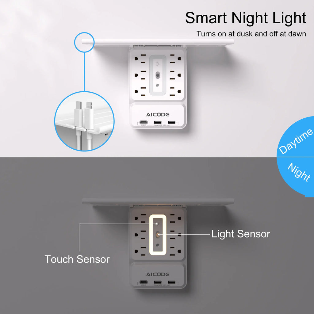 Surge Protector with Nightlight, Wall Outlet Extender - 6 Outlets & 3 USB Ports (1 USB-C) | Socket Shelf with Storage - Home/Dorm/Office Plug Expander Charger with Organizer Shelf
