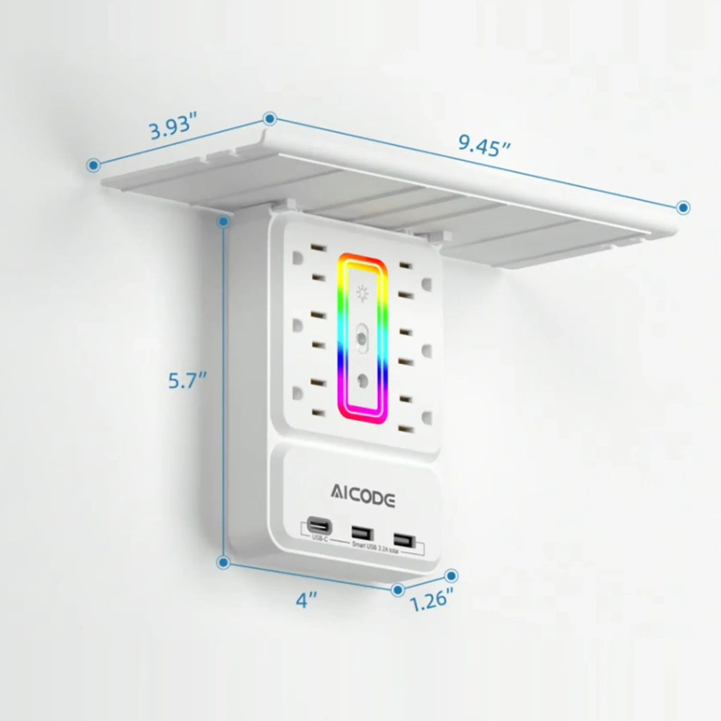 Surge Protector with Nightlight, Wall Outlet Extender - 6 Outlets & 3 USB Ports (1 USB-C) | Socket Shelf with Storage - Home/Dorm/Office Plug Expander Charger with Organizer Shelf