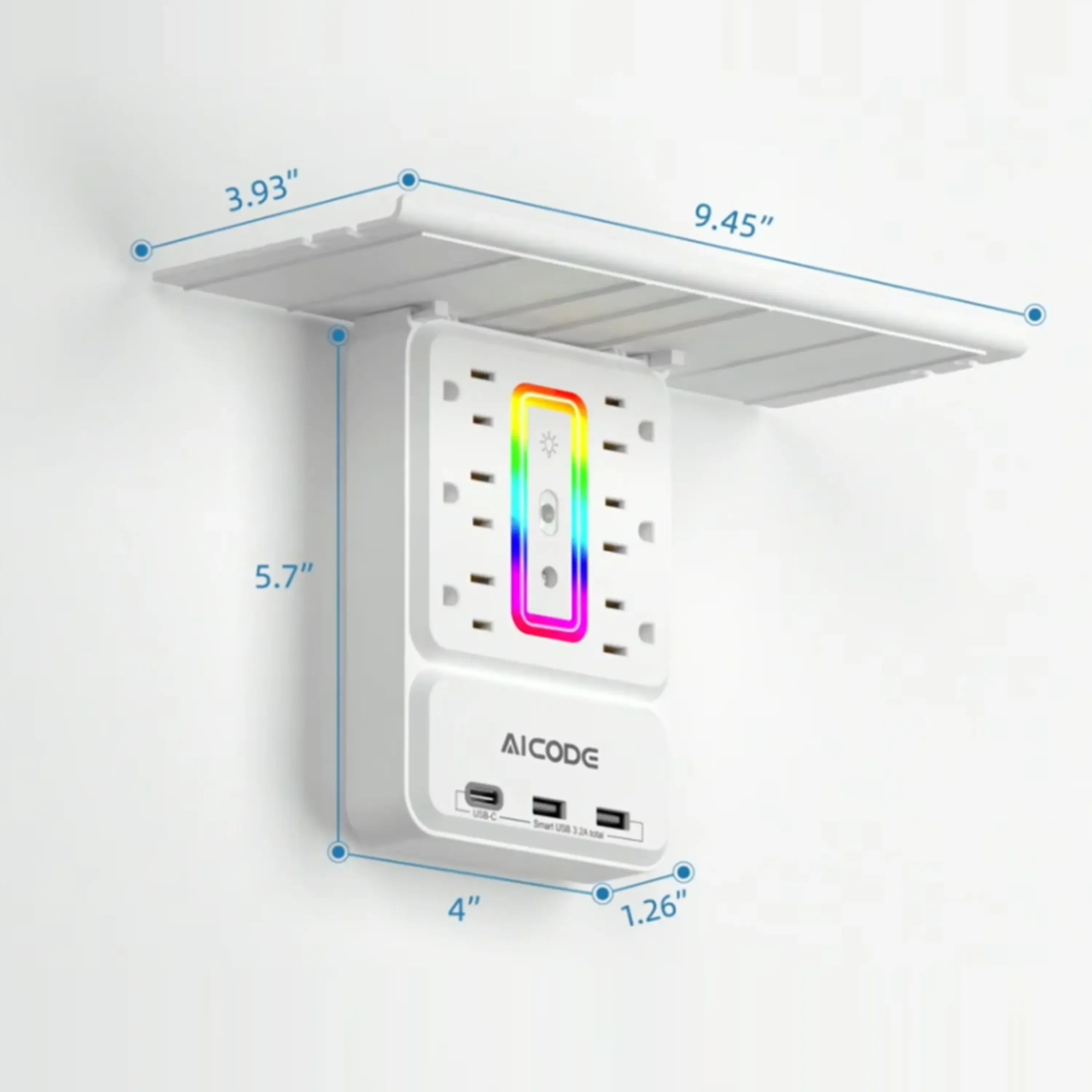 Surge Protector with Nightlight, Wall Outlet Extender - 6 Outlets & 3 USB Ports (1 USB-C) | Socket Shelf with Storage - Home/Dorm/Office Plug Expander Charger with Organizer Shelf