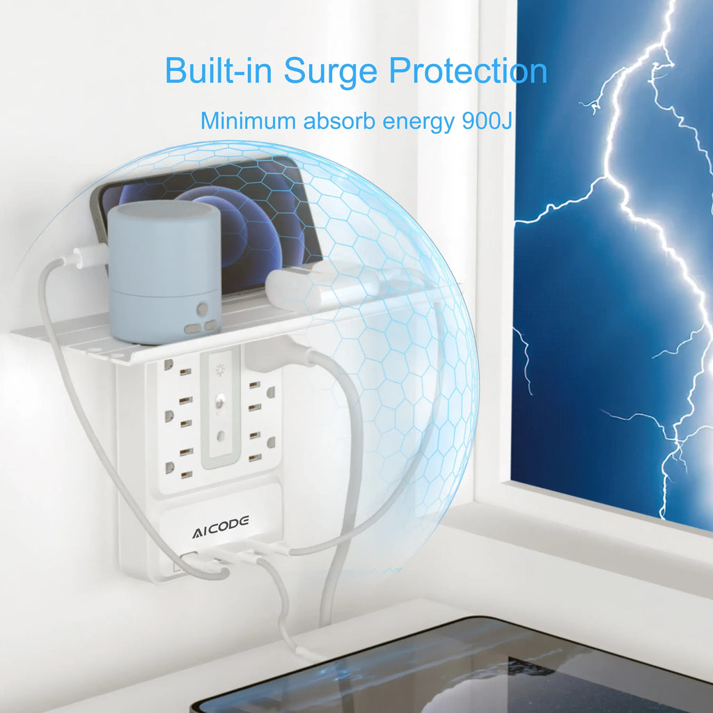 Surge Protector with Nightlight, Wall Outlet Extender - 6 Outlets & 3 USB Ports (1 USB-C) | Socket Shelf with Storage - Home/Dorm/Office Plug Expander Charger with Organizer Shelf