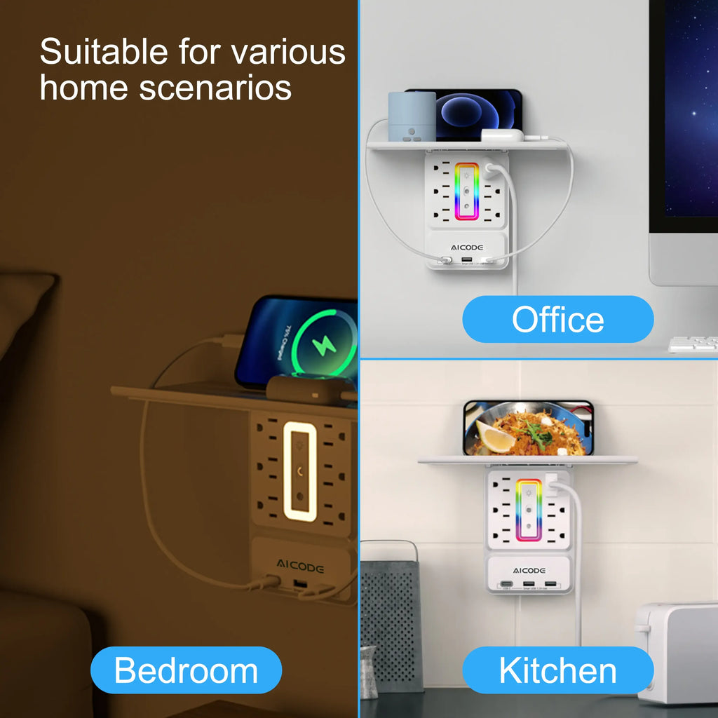 Surge Protector with Nightlight, Wall Outlet Extender - 6 Outlets & 3 USB Ports (1 USB-C) | Socket Shelf with Storage - Home/Dorm/Office Plug Expander Charger with Organizer Shelf