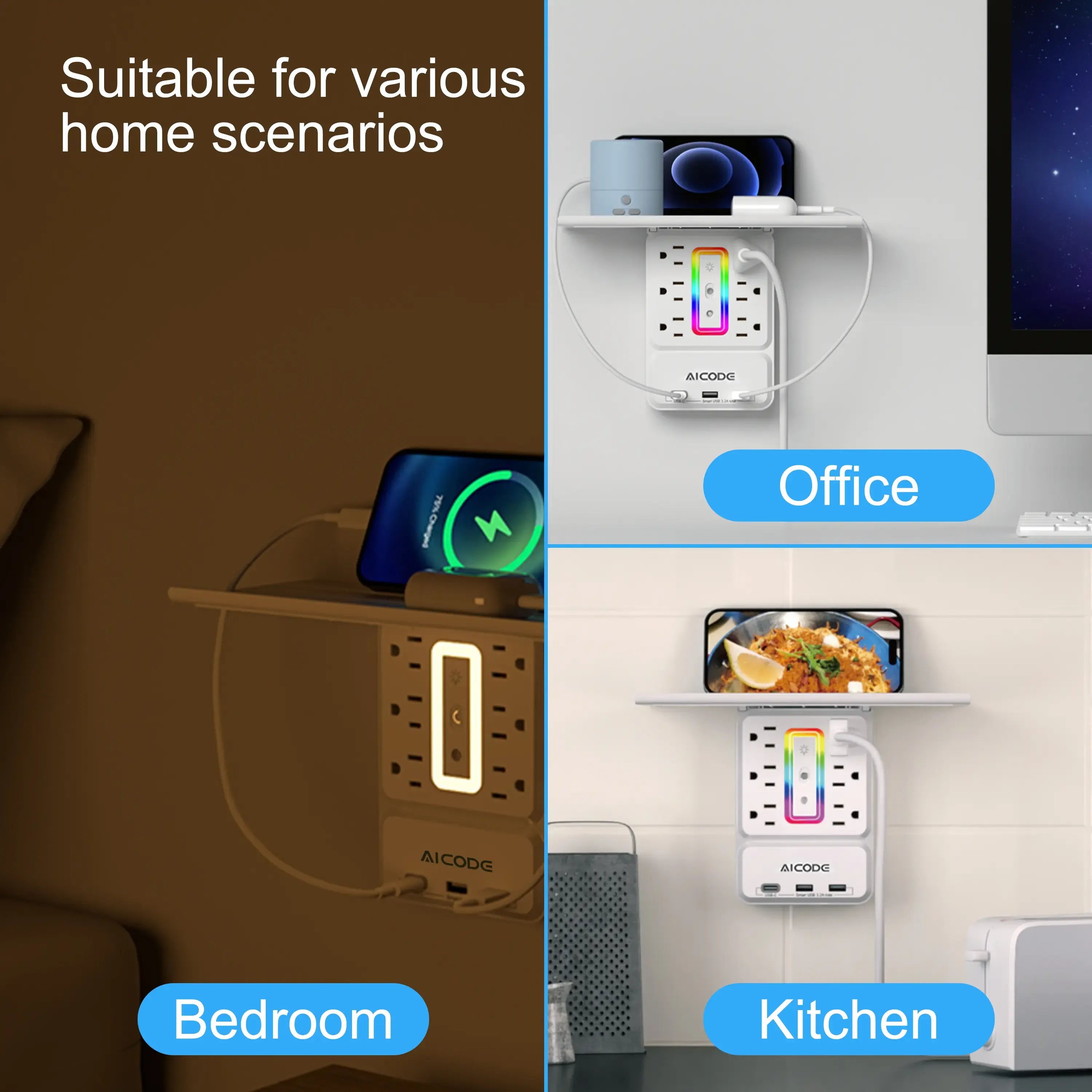 Surge Protector with Nightlight, Wall Outlet Extender - 6 Outlets & 3 USB Ports (1 USB-C) | Socket Shelf with Storage - Home/Dorm/Office Plug Expander Charger with Organizer Shelf