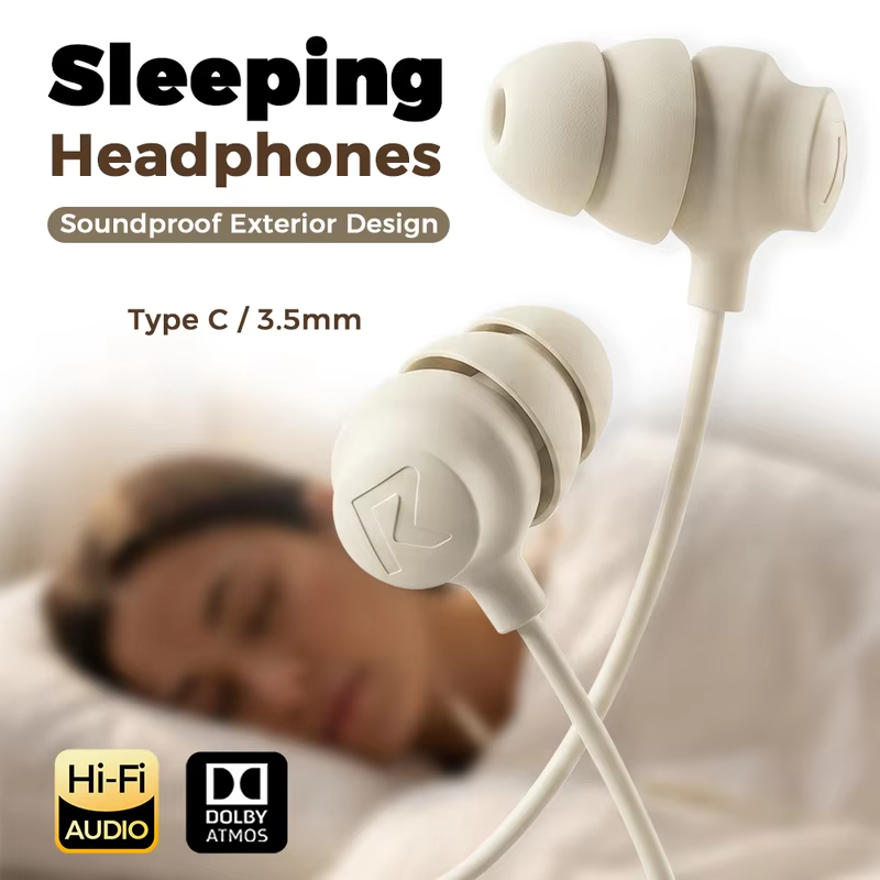 USB Type C Silicone Sleep Wired Earphones In Ear Headphones With Mic In-line Control For iPhone Samsung Noise Reduction Earbuds
