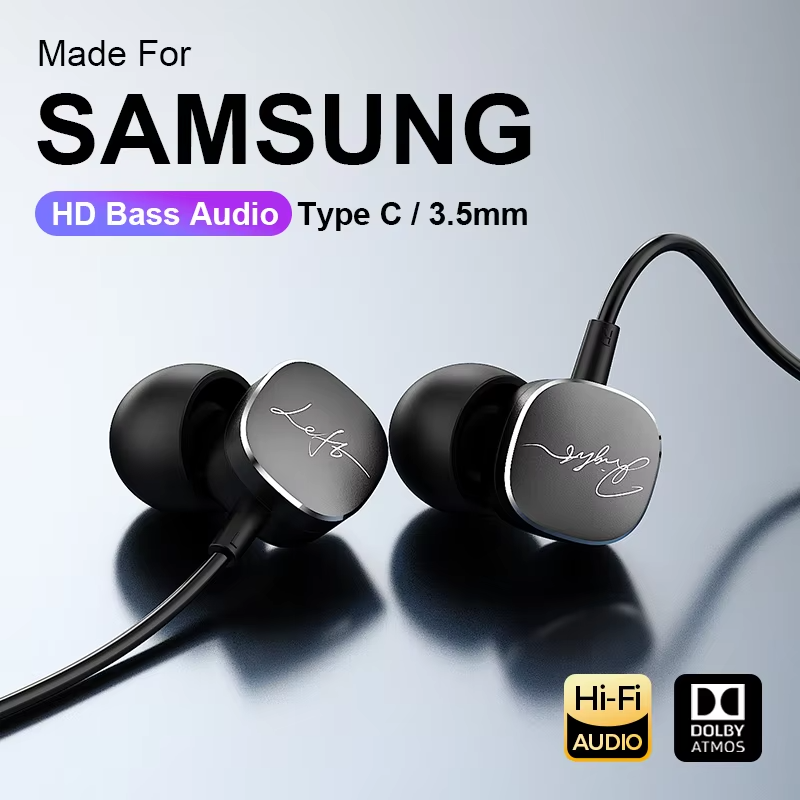 For Samsung Type C Wired Earphones HiFi Bass Surround Sound 3.5mm In-ear Headphones For iPhone 16 Galaxy Ultra S25 S24 Headsets